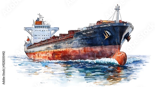 Cargo Ship at Sea Watercolor Painting Maritime Transport Ocean Vessel Bulk Carrier