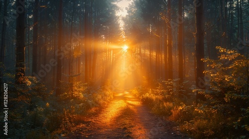 A sunbeam shines through the trees, illuminating a path