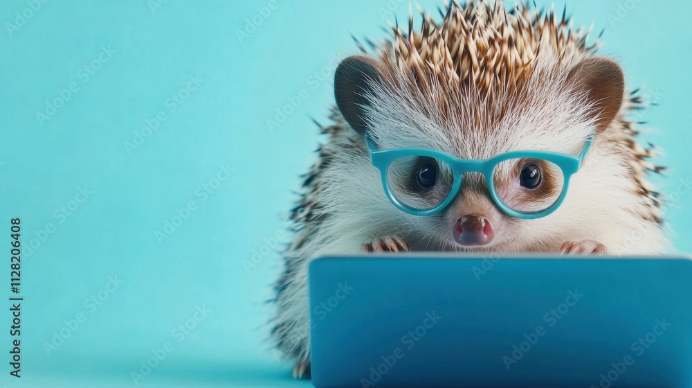Close-up of cute hedgehog with glasses working on a blue laptop against pastel blue background Close-up of cute hedgehog with glasses working on a blue laptop against pastel blue background