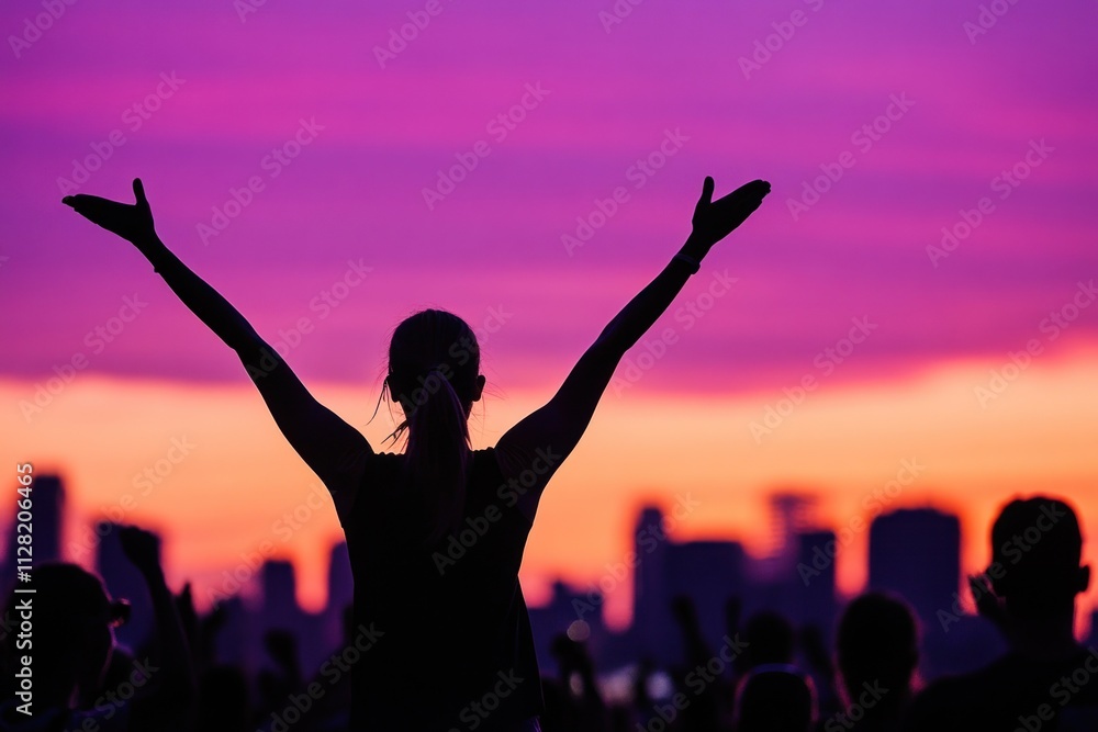 A silhouette of a person with raised arms against a vibrant sunset and city skyline. A silhouette of a person with raised arms against a vibrant sunset and city skyline.