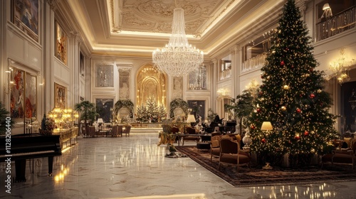 Luxury hotel lobby decorated for Christmas, grand chandelier, massive tree, opulent decor