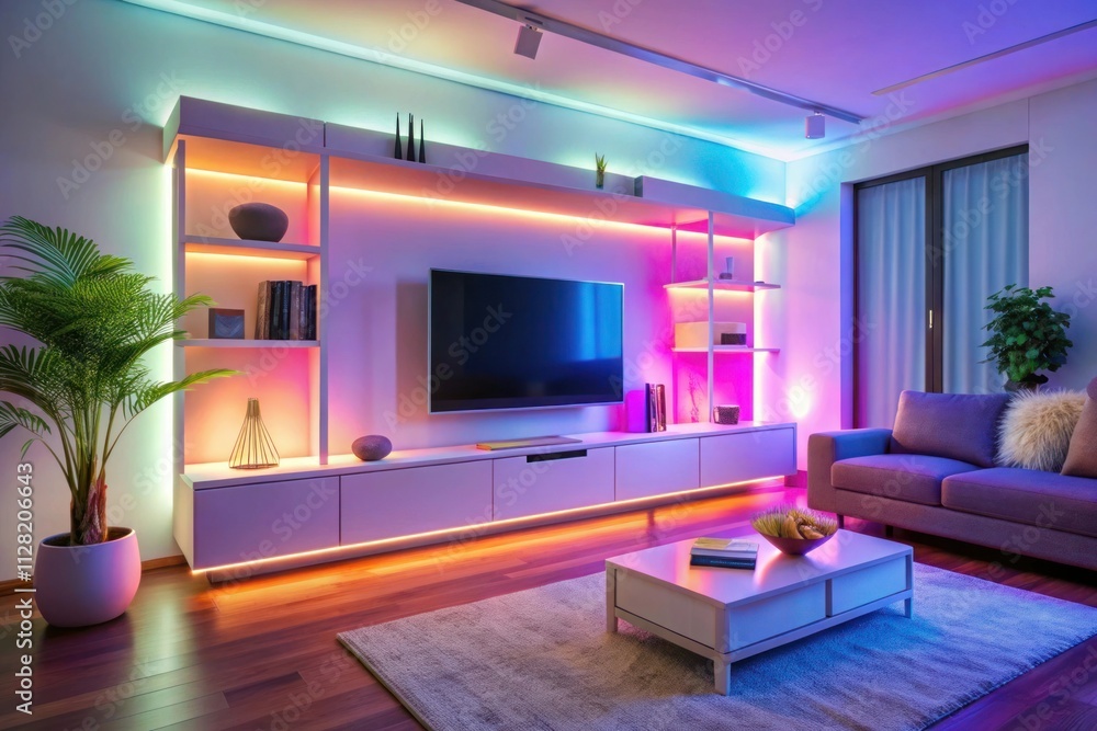 A sleek, modern living room bathed in vibrant pink and blue neon lighting, featuring minimalist furniture and a large flat-screen TV A sleek, modern living room bathed in vibrant pink and blue neon lighting, featuring minimalist furniture and a large flat-screen TV