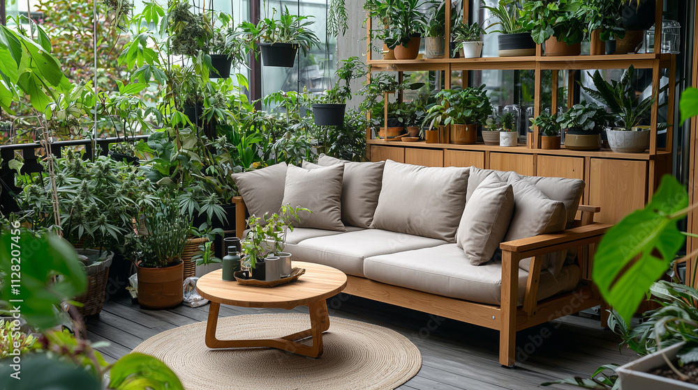 Modern balcony with wooden sofa and lush green plants. Modern balcony with wooden sofa and lush green plants.