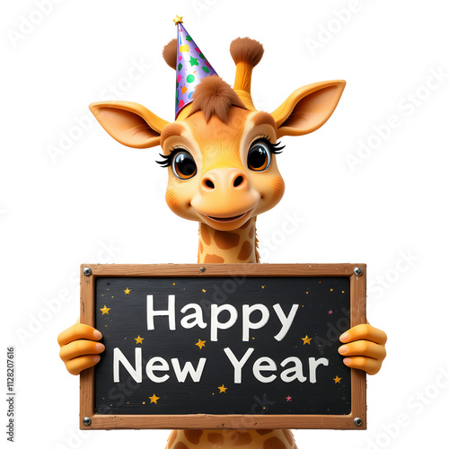 A cute 3d cartoon giraffe with colorful party hat holding 