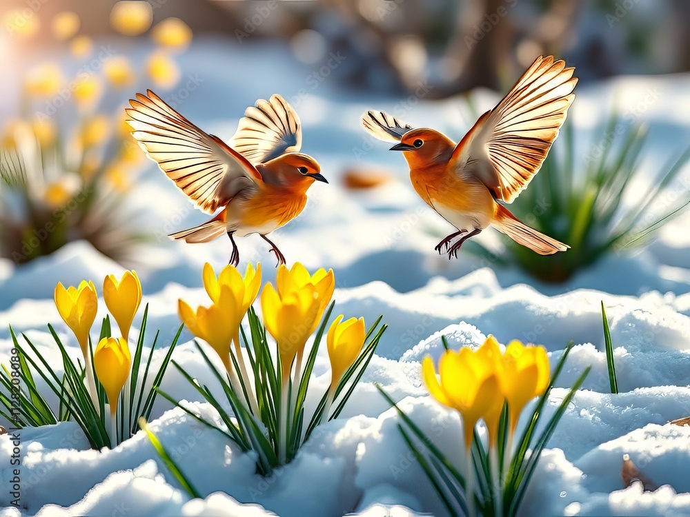 Spring Awakening: Birds and Crocuses in Sunny Garden Spring Awakening: Birds and Crocuses in Sunny Garden
