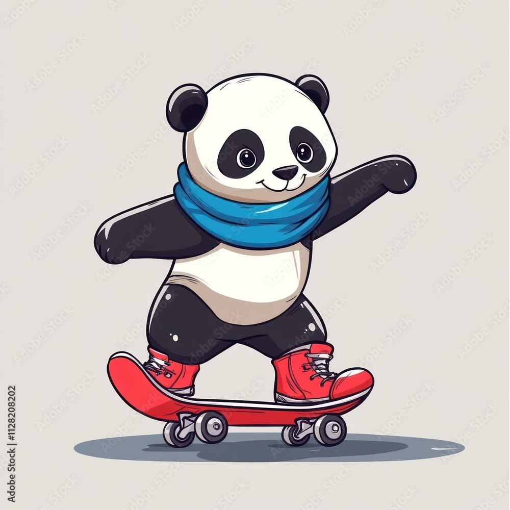 A cute panda skateboarding with a blue scarf and red shoes, showcasing a fun and playful vibe. A cute panda skateboarding with a blue scarf and red shoes, showcasing a fun and playful vibe.