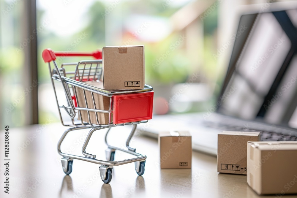 Online Shopping Cart with Cardboard Boxes on Wooden Table near Laptop, E-commerce Concept, Retail, Delivery Service, Miniature Shopping Cart, Brown Packages Online Shopping Cart with Cardboard Boxes on Wooden Table near Laptop, E-commerce Concept, Retail, Delivery Service, Miniature Shopping Cart, Brown Packages