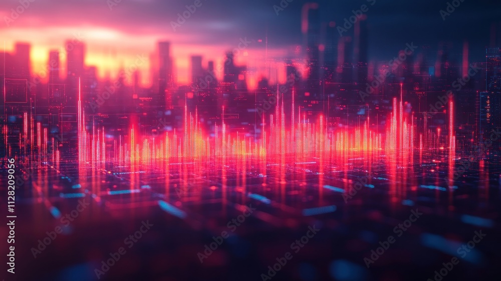 Futuristic city skyline at sunset with vibrant digital data streams and glowing lines. Futuristic city skyline at sunset with vibrant digital data streams and glowing lines.