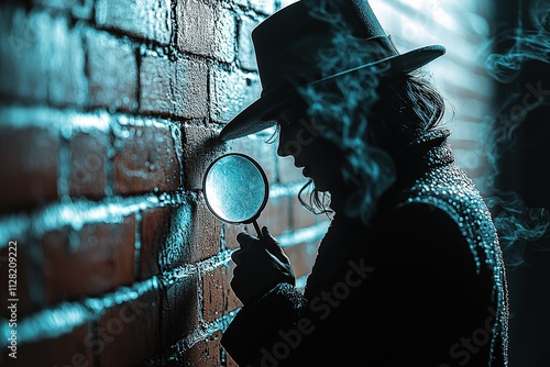 Detective with magnifying glass in dark alley smoke photo