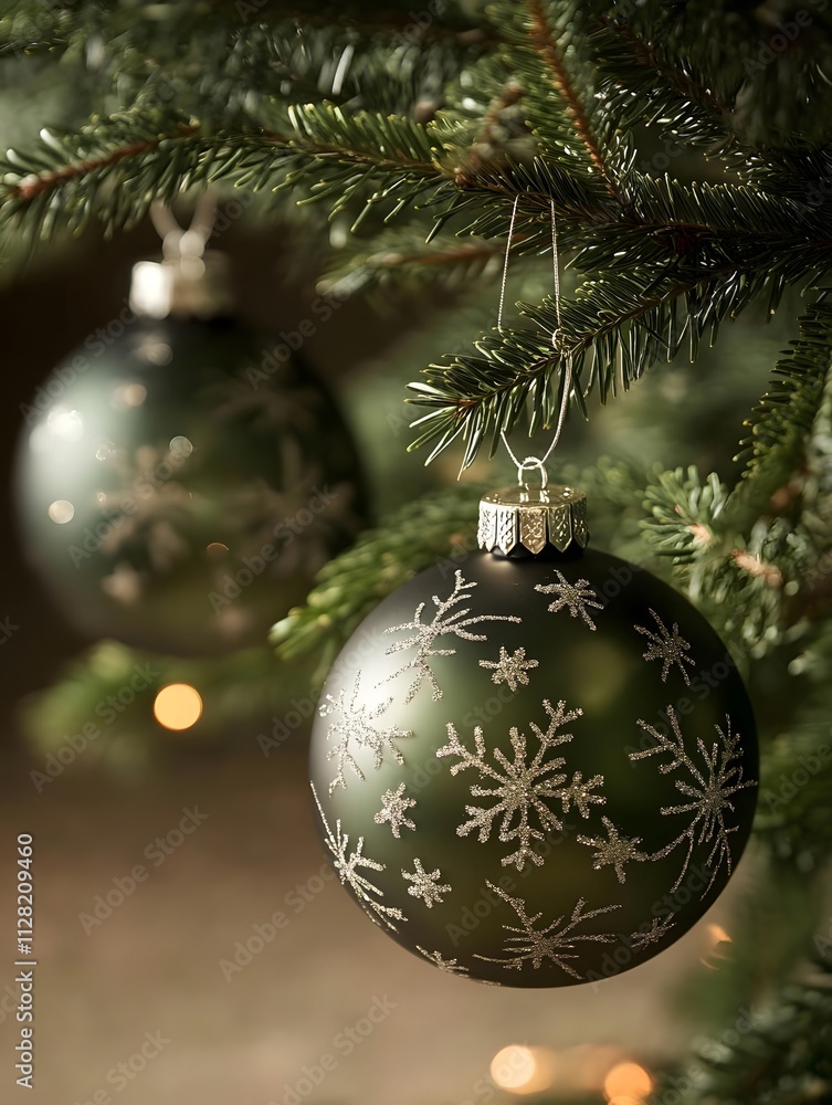 A close-up of festive green Christmas ornaments with snowflake designs hanging on a tree. A close-up of festive green Christmas ornaments with snowflake designs hanging on a tree.