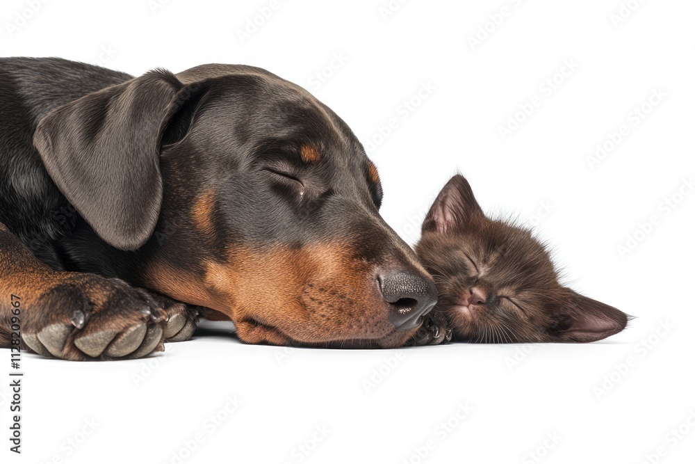 A sleeping dog and kitten peacefully resting together. A sleeping dog and kitten peacefully resting together.