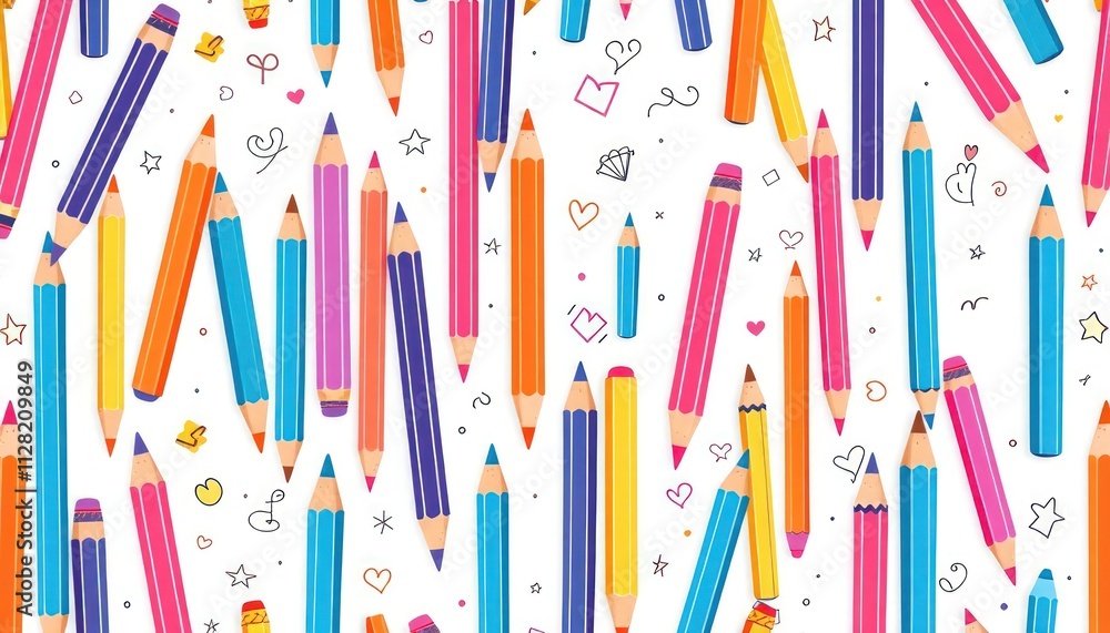 pattern of colored pencils arranged in various directions against a white background. The pencils come in a variety of colors, including red, orange, yellow, green, blue, and pink, creating a cheerful pattern of colored pencils arranged in various directions against a white background. The pencils come in a variety of colors, including red, orange, yellow, green, blue, and pink, creating a cheerful