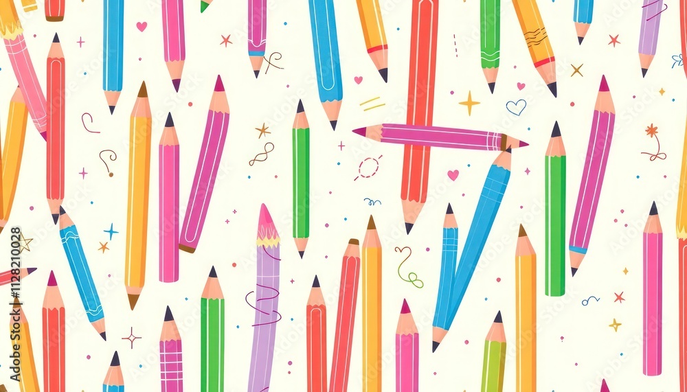 pattern of colored pencils arranged in various directions against a white background. The pencils come in a variety of colors, including red, orange, yellow, green, blue, and pink, creating a cheerful pattern of colored pencils arranged in various directions against a white background. The pencils come in a variety of colors, including red, orange, yellow, green, blue, and pink, creating a cheerful