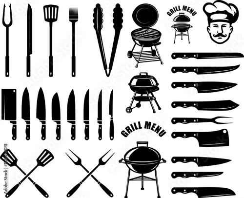 Grill party design elements. Grilling. Chefs knife. For logo, emblem, sign. Vector illustration