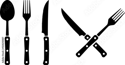 Fork, spoon, knife. Kitchen utensil. Chef's knife. Design element for logo, emblem, sign. Vector illustration