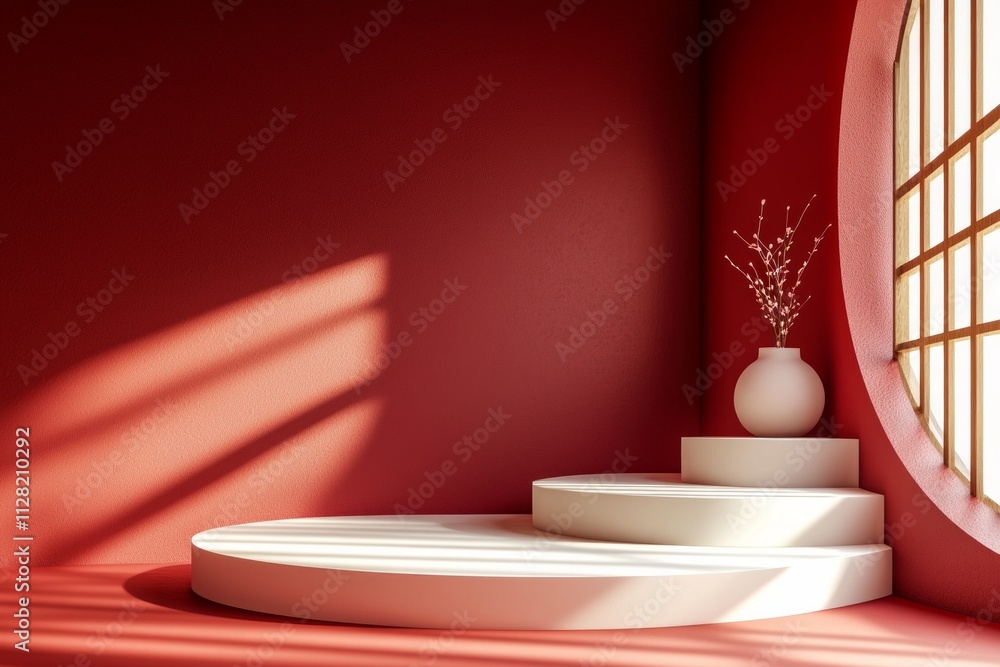 Podium on a red background, Chinese New Year theme in a minimalist style Podium on a red background, Chinese New Year theme in a minimalist style