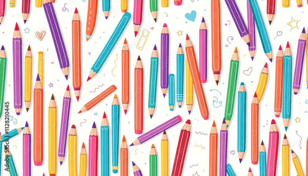 pattern of colored pencils arranged in various directions against a white background. The pencils come in a variety of colors, including red, orange, yellow, green, blue, and pink, creating a cheerful pattern of colored pencils arranged in various directions against a white background. The pencils come in a variety of colors, including red, orange, yellow, green, blue, and pink, creating a cheerful