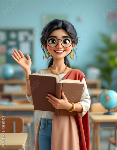 Charming 3D Render of a Welcoming Female Teacher in a Classroom Setting