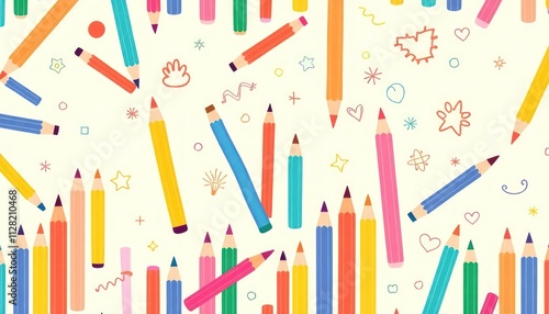 pattern of colored pencils arranged in various directions against a white background. The pencils come in a variety of colors, including red, orange, yellow, green, blue, and pink, creating a cheerful