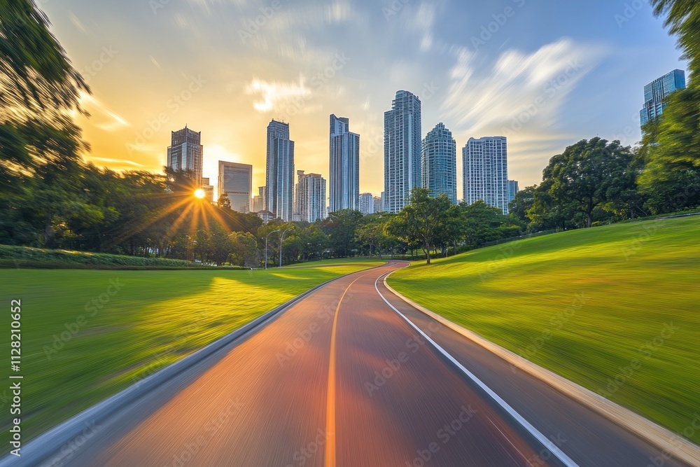 A scenic view of a winding road leading to a city skyline at sunset. A scenic view of a winding road leading to a city skyline at sunset.