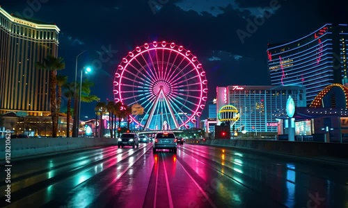 Vibrant Night Scene of a Las Vegas Avenue Illuminated by Neon Lights and a Ferris Wheel