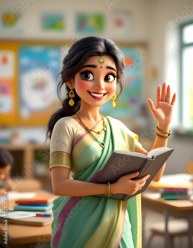 Charming Indian Teacher in Classroom Setting: A 3D Rendered Illustration of a Welcoming Educator
