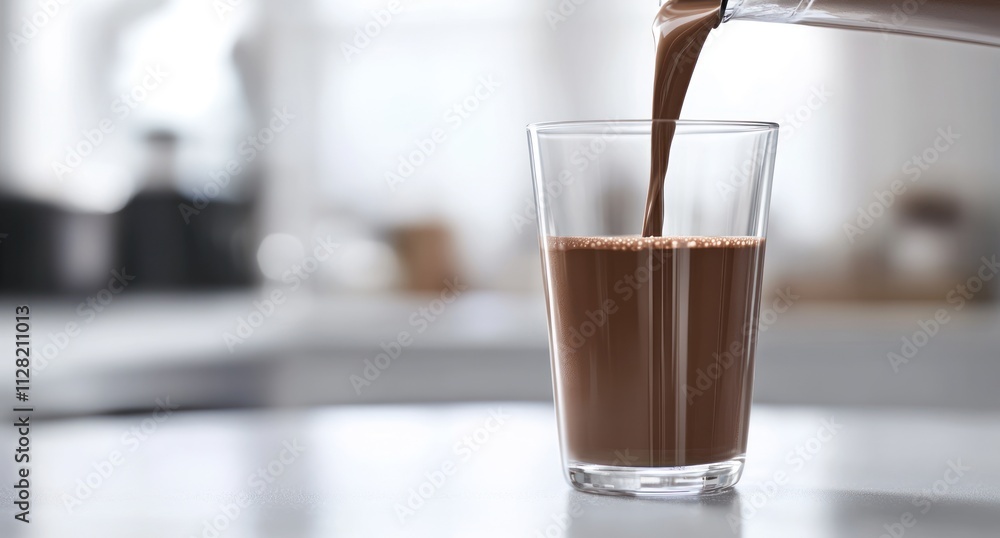 A glass being filled with chocolate milk in a bright kitchen setting. A glass being filled with chocolate milk in a bright kitchen setting.