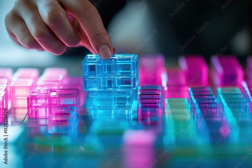 A hand placing a transparent block on a colorful arrangement of blocks. A hand placing a transparent block on a colorful arrangement of blocks.