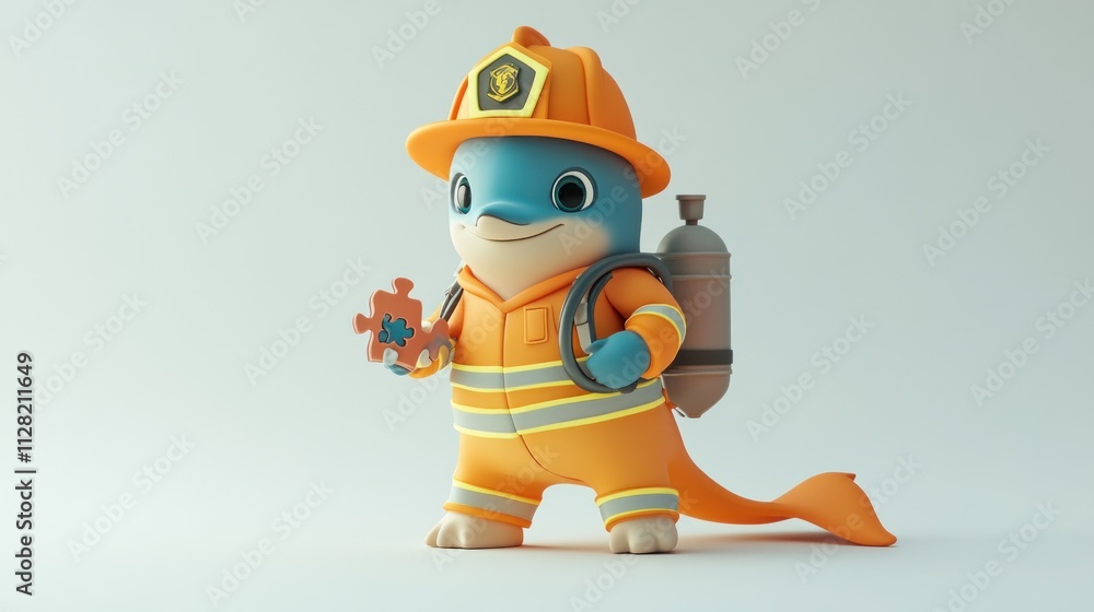 A cartoon dolphin dressed as a firefighter, holding a puzzle piece, symbolizes teamwork and fun. A cartoon dolphin dressed as a firefighter, holding a puzzle piece, symbolizes teamwork and fun.