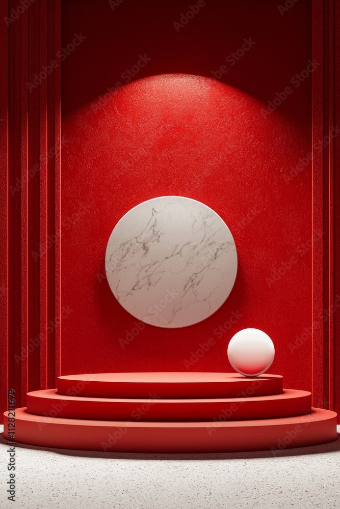 Podium on a red background, Chinese New Year theme in a minimalist style Podium on a red background, Chinese New Year theme in a minimalist style