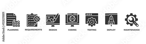 Software development life cycle banner web icon vector illustration concept of sdlc with icon of planning, requirements, design, coding, testing, deploy and maintenance	