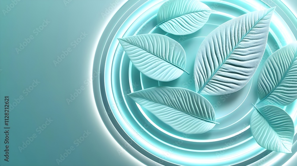 teal leaves on abstract circular background - minimalism teal leaves on abstract circular background - minimalism