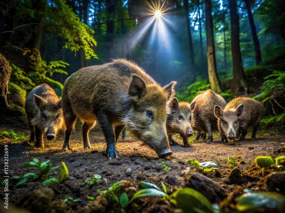 Fototapeta premium Wild Boar Long Exposure Photography: Night Forest Wide Angle Image