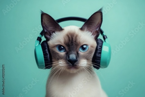 A Siamese cat wearing turquoise headphones against a mint green background. photo