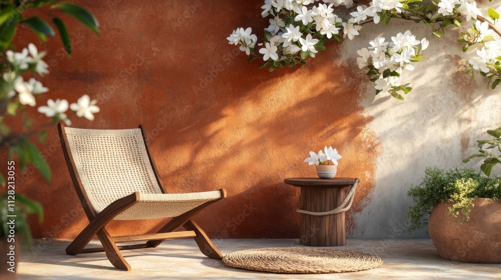 Fototapeta premium A charming cafe terrace with terracotta walls, white frangipani flowers, teak furniture and rope details, including wooden chairs with woven seats and round oak side tables.