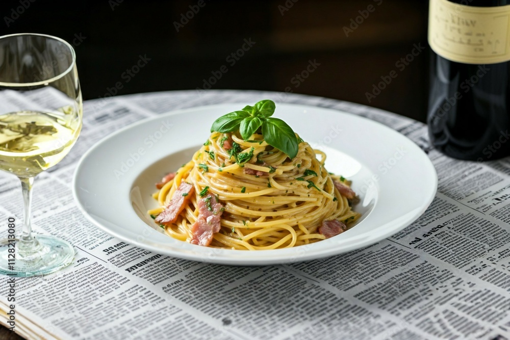 Plate of spaghetti carbonara topped with herbs on a newspaper-themed tablecloth. Plate of spaghetti carbonara topped with herbs on a newspaper-themed tablecloth.