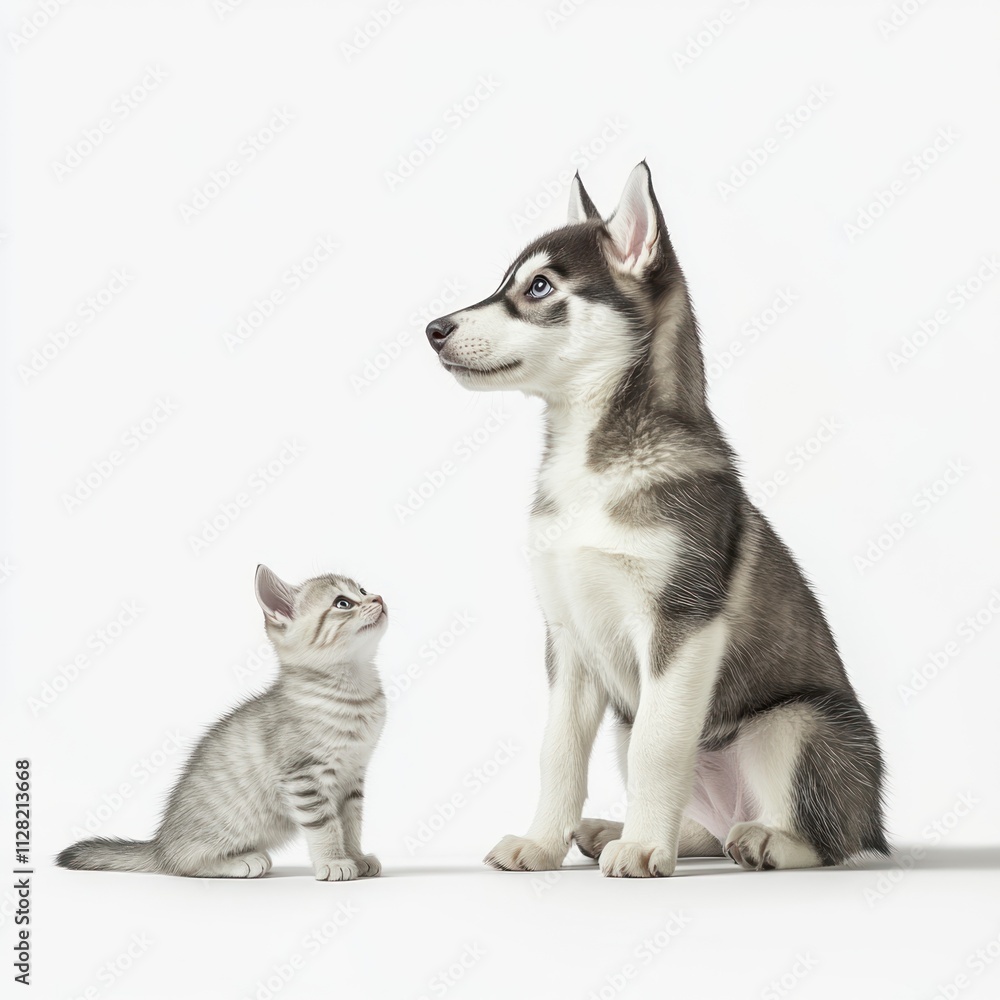 A playful kitten gazes up at a sitting husky, showcasing the bond between different pets. A playful kitten gazes up at a sitting husky, showcasing the bond between different pets.