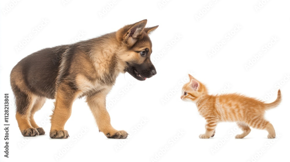 A playful puppy and a curious kitten face each other, showcasing friendship between pets. A playful puppy and a curious kitten face each other, showcasing friendship between pets.