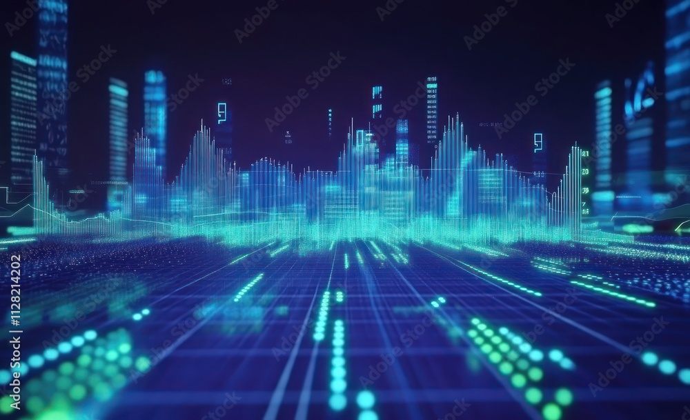 A digital cityscape with vibrant soundwave visualizations and data patterns. A digital cityscape with vibrant soundwave visualizations and data patterns.