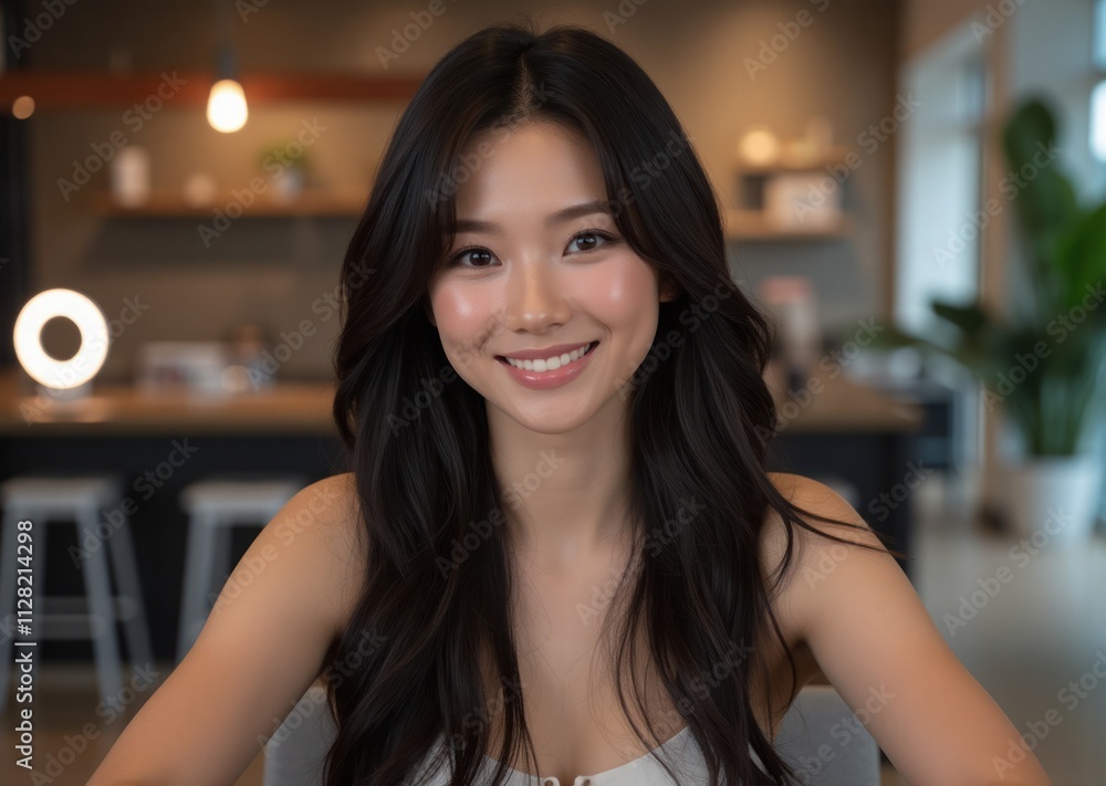 A beautiful Latina woman hosting a virtual meeting, illuminated by a ring light, with a well-organized, aesthetically pleasing background A beautiful Latina woman hosting a virtual meeting, illuminated by a ring light, with a well-organized, aesthetically pleasing background