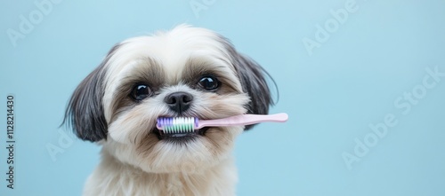 A small dog holding a toothbrush, promoting dental hygiene for pets. photo