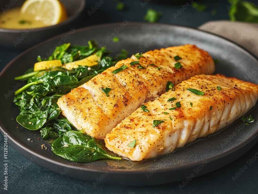 A plate of cooked fish fillets served with saut?ed spinach and lemon. A plate of cooked fish fillets served with saut?ed spinach and lemon.