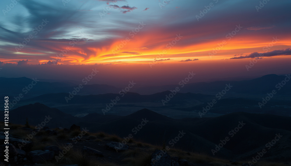 Obraz premium Fiery Sunset Over Rolling Mountain Ranges