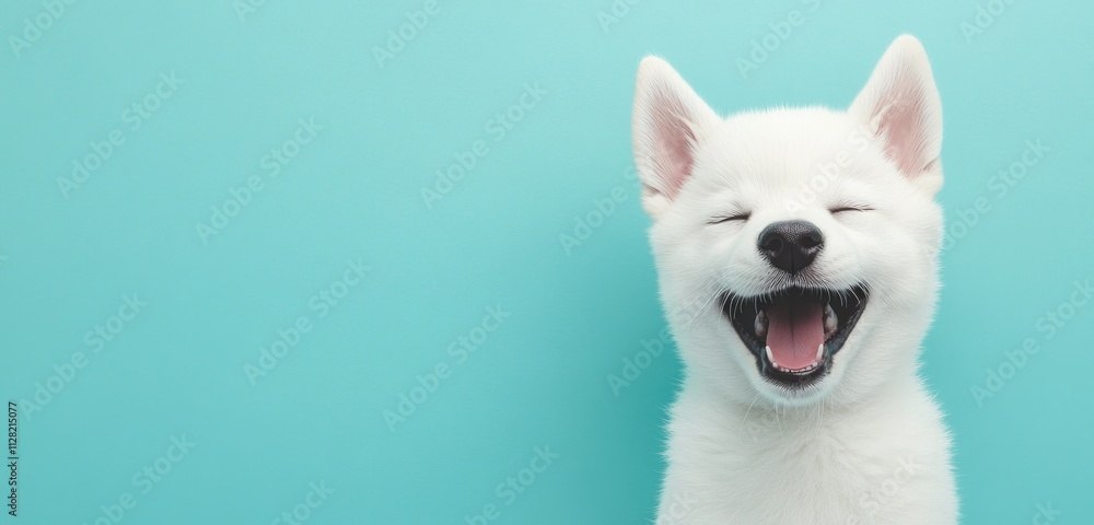 A joyful white puppy laughing against a turquoise background. A joyful white puppy laughing against a turquoise background.
