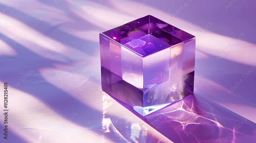 A bright purple cube casting reflections on a light surface below A bright purple cube casting reflections on a light surface below