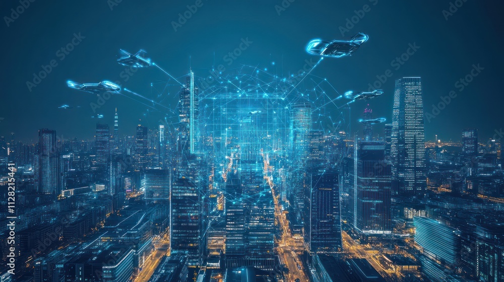 Smart digital city with interactive holographic structures, sleek futuristic architecture, flying cars zooming between skyscrapers, seamless integration of technology Smart digital city with interactive holographic structures, sleek futuristic architecture, flying cars zooming between skyscrapers, seamless integration of technology