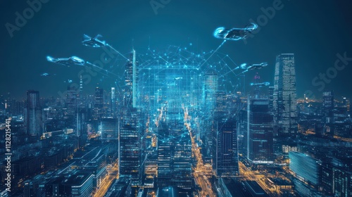 Wallpaper Mural Smart digital city with interactive holographic structures, sleek futuristic architecture, flying cars zooming between skyscrapers, seamless integration of technology Torontodigital.ca