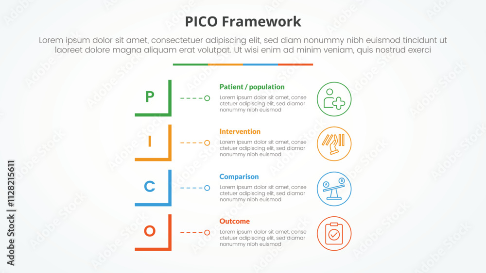 PICO framework infographic concept for slide presentation with modified square shape vertical stack with 4 point list with flat style PICO framework infographic concept for slide presentation with modified square shape vertical stack with 4 point list with flat style