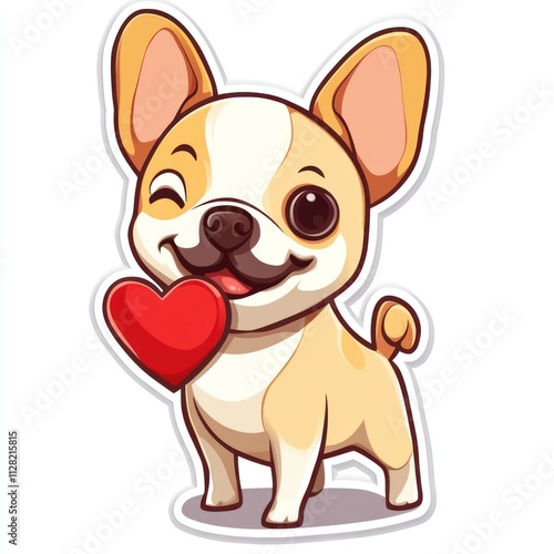 A cute cartoon dog winking and holding a heart, conveying love and joy.