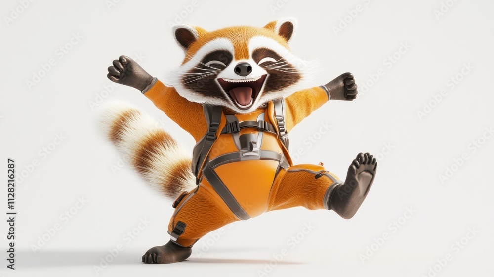 A cheerful raccoon character in an orange suit, expressing joy and playfulness. A cheerful raccoon character in an orange suit, expressing joy and playfulness.